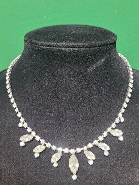 Sparkling Clear Rhinestone Crystal Marquise Drop Necklace - Unsigned